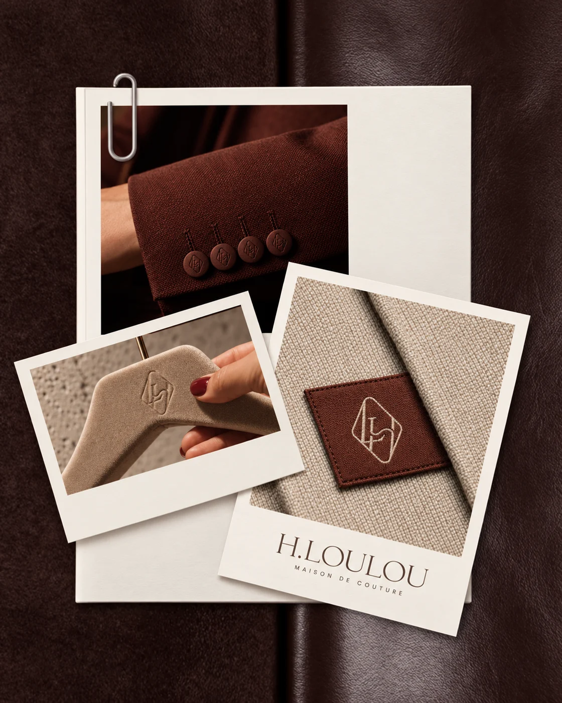 Illustrative Clay woven label on linen, a monogrammed hanger and a Cream card