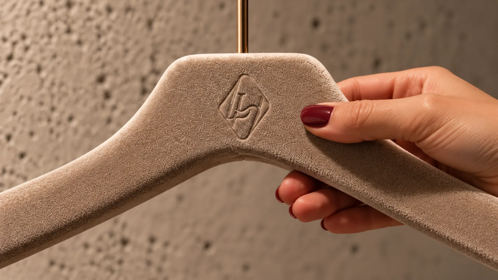 Illustrative flocked hanger with a debossed monogram